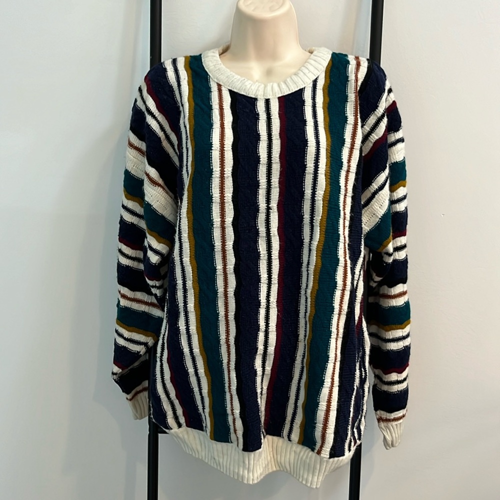 Vintage 90s Weekends Sweater Pullover Texture 3D Striped Googie Style Crew Men